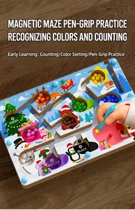 Close-up of children's magnetic wooden maze toy with colorful beads and pen grip practice.