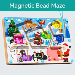 Wooden magnetic bead maze toy with Christmas theme for educational color sorting