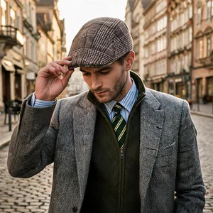 Classic men's brown wool plaid newsboy flat cap for stylish winter outdoor wear