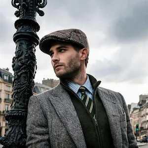 Detailed side view of a men's grey wool flat cap in a classic urban outdoor setting