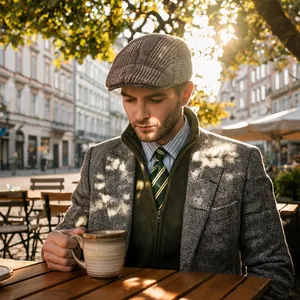 Close-up of a stylish men's gray tweed flat cap worn in an outdoor autumn setting