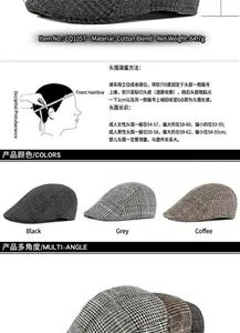 Detailed display of men's wool newsboy caps including head size measurement guide