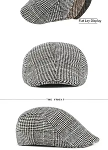 Front and side view details of a men's classic plaid wool newsboy flat cap