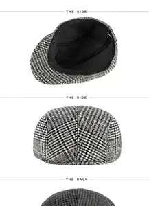 Detailed multi-angle views of classic plaid wool flat cap showing interior and back