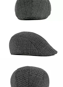 Detailed multi-angle views of a grey plaid wool newsboy flat cap for men's winter