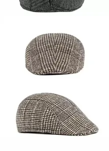 Detailed multi-angle views of a men's thick wool plaid flat cap winter newsboy hat