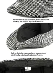 Detailed view of men's wool newsboy cap showing brim structure and elastic sweatband