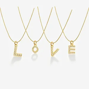 18K Gold Plated Copper Alphabet Initial Letter Pendant Necklace Pave Zirconia Snake Chain Personalized Jewelry