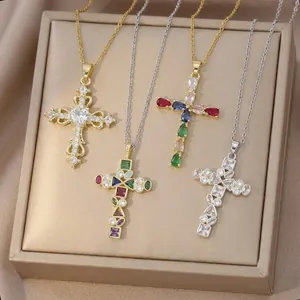 Fashion Zirconia Cross Pendant Necklace For Women Gold Plated Stainless Steel Copper Colorful Zircon Heart Stone Jewelry Gift