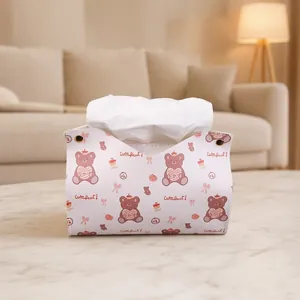 Cartoon Bear PU Leather Tissue Box Cover Foldable Desktop Paper Napkin Holder With Snap Button For Home Car Decor