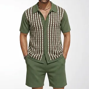 Men Casual Striped Jacquard Short Sleeve Knit Cardigan And Shorts Viscose Knitwear Suit Top And Bottom Clothing