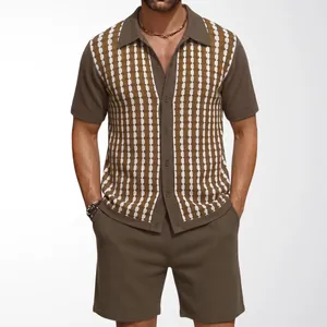 Vintage men's knit two-piece set with striped jacquard cardigan and matching shorts