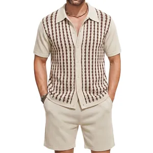 Men's casual knit two-piece set featuring vertical striped cardigan and matching shorts