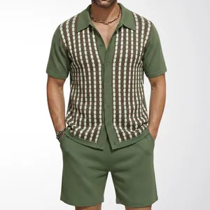 Men's green knitted 2-piece set with contrast stripes and button-down cardigan.
