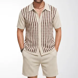 Men's casual 2-piece set featuring a striped jacquard knit cardigan and beige shorts