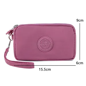 Triple-zipper waterproof nylon phone pouch and wallet with wrist strap for casual use