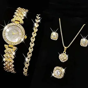 Montre Luxe Femme Strass Alliage Quartz Collier Bracelet Boucles Oreilles Bague Bijoux Mode Élégants Cadeau Femme