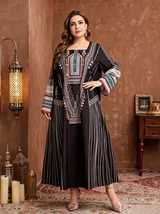 Exquisite ethnic style printed long robe dress for women shown in a full-length studio setting