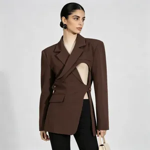 Avant-garde dark brown blazer for women featuring a unique cutout waist and asymmetric design