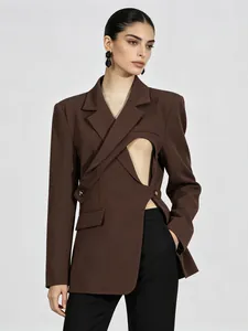 Modern Women Asymmetric Hollow Out Blazer Deep Brown Waist Tie Notch Lapel Long Sleeve Casual Fashion Suit Jacket