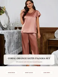 Elegantes korallenorangefarbenes Satin-Pyjama-Set mit Kurzarm-Oberteil und langer Hose