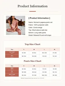 Detaillierte Produktinformationen und Größentabelle für Damen-Schlafanzugset aus Satin.