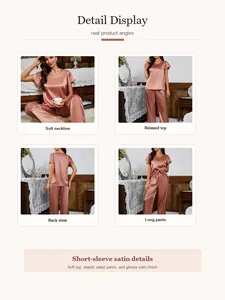 Detailansicht eines eleganten Damen-Satin-Pyjama-Sets mit kurzen Ärmeln und Hose