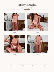 Verschiedene Lifestyle-Ansichten von elegantem Satin-Schlafanzug-Set in der Farbe Roségold.