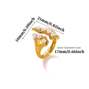 Detailed dimension view of this vintage gold stainless steel ring with elegant pearls