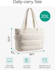 Detail van de 20L grote capaciteit en afmetingen van de witte gewatteerde tote bag.