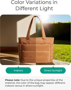 Vergelijking van kleurvariaties van de puffer tote bag tussen binnen en zonlicht.