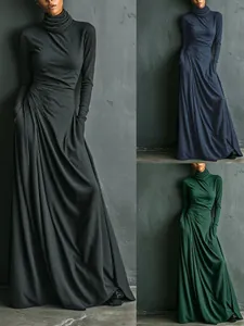 Women's Elegant Cowl Neck Long Sleeve Maxi Dress Solid Color Knitted Large Swing Dress With Pockets For Autumn Winter
