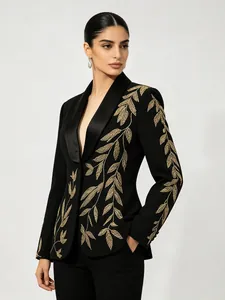 Women Elegant Slim Fit Black Blazer With Gold Leaf Embroidery Satin Shawl Collar Fashion Formal Party Suit Jacket For Lady