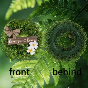 Artificial green boxwood wreath with home sweet home sign and burlap bow