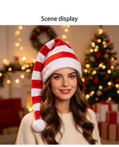 Close-up of a model wearing a long red and white striped Christmas hat