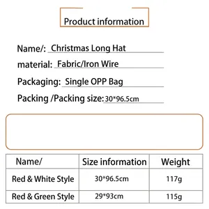 Product specifications and size chart for long Christmas velvet striped elf hats