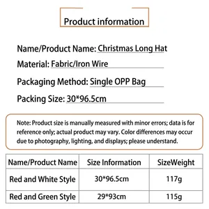 Product specifications and size chart for long Christmas velvet striped elf hats