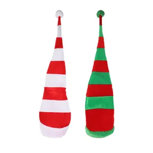 Pair of red and green striped Christmas elf hats with bendable wire and velvet finish.