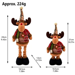 Detailed dimension diagram for two retractable Christmas reindeer plush dolls in plaid.