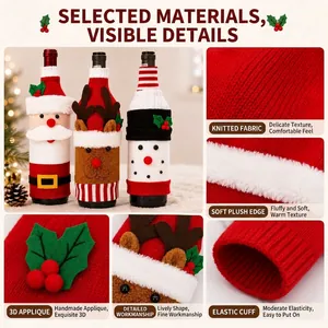 Set aus 3 gestrickten Weinflaschenhüllen mit Weihnachtsman-, Rentier- und Schneemanndesign.