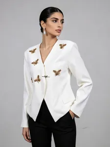 British Style Slim Fit Bee Embroidery Blazer Women Elegant V-Neck Long Sleeve Suit Jacket With Butterfly Buckle Office Lady