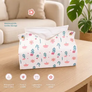 Floral PU Leather Tissue Box Cover Soft Foldable Napkin Holder With Metal Snaps For Car Home Living Room Office Desktop Decor