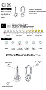 Detail view of 1 carat moissanite hoop earrings in S925 sterling silver with grading info.