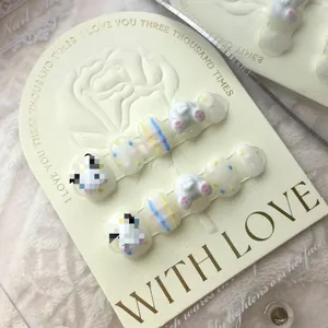 Handmade Press On Nails Cute 3D Cartoon Dog Pattern Grid And Dots Decor Sweet Reusable Artificial False Fingernails For Women