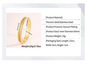 Detailed specs for gold stainless steel bangle with Greek key motif, size 60mm