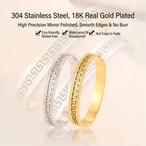 Detail of stainless steel Greek key fretwork bangles in gold and silver finish