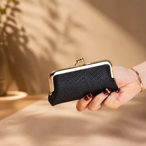 Vintage Kiss Lock Coin Purse Women Lychee Grain PU Leather Mini Lipstick Storage Bag Portable Wallet With Gold Hardware