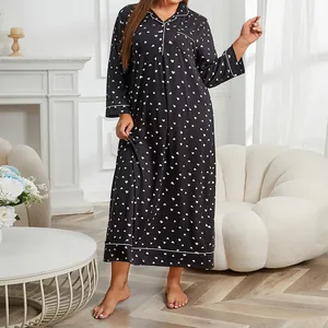 Plus size black long sleeve nightgown with white heart print and button-up collar