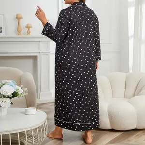 Plus size long sleeve heart print nightdress for women, black comfy lounge sleepwear.