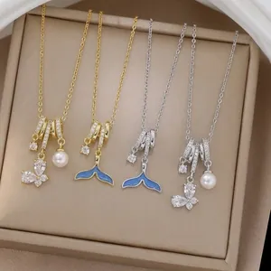 Élégant Collier Pendentif Papillon en Zircone Acier Inoxydable Or Argent Plaqué Künstliche Perle Queue de Poisson Bijoux Mode Femme